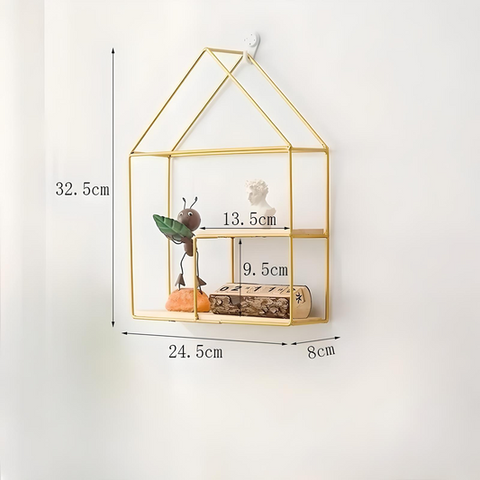 Nordic Geometric Wall Shelf – Modern Iron Frame with Wood Base