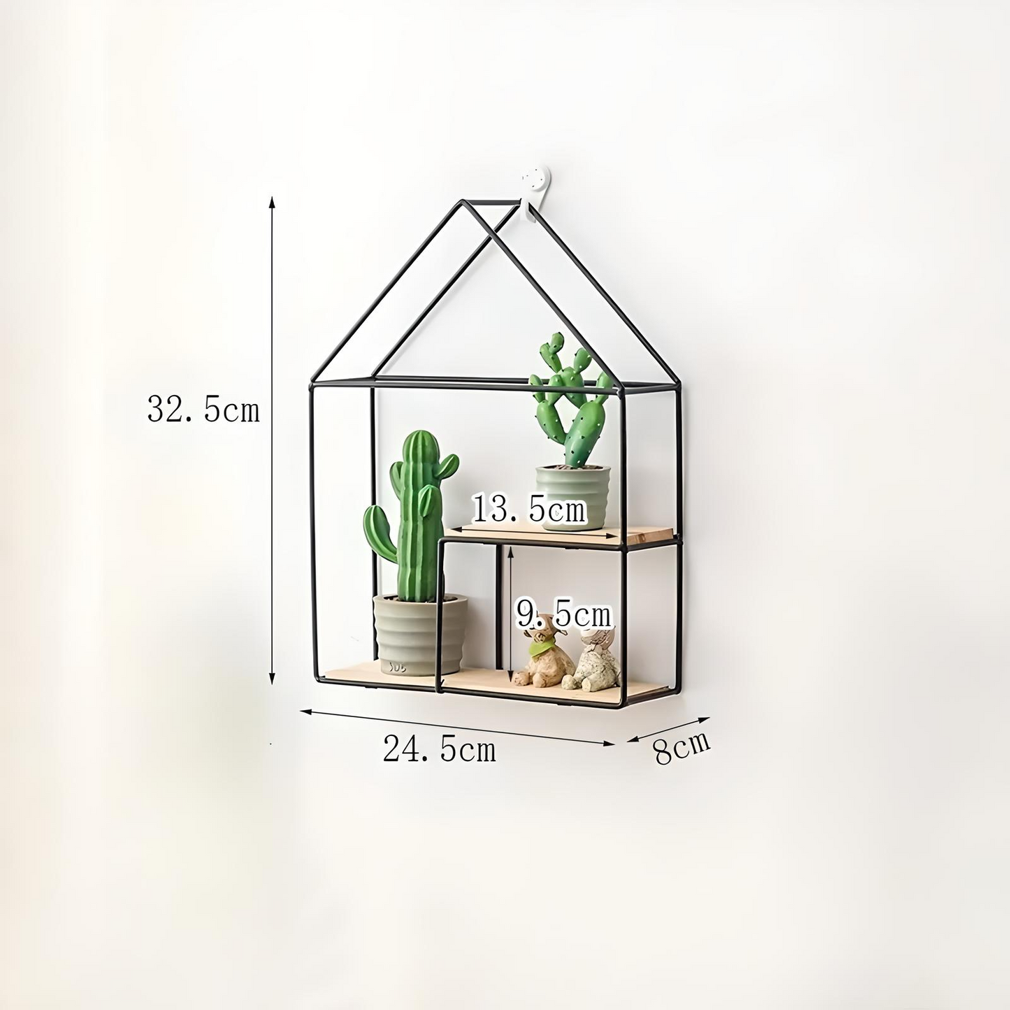 Nordic Geometric Wall Shelf – Modern Iron Frame with Wood Base