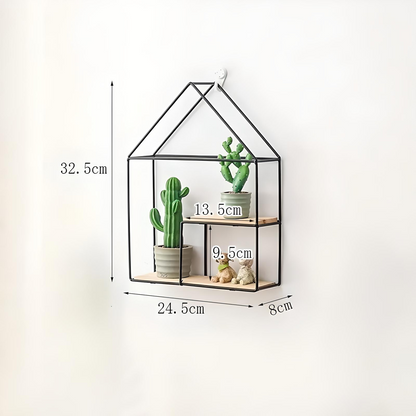 Nordic Geometric Wall Shelf – Modern Iron Frame with Wood Base