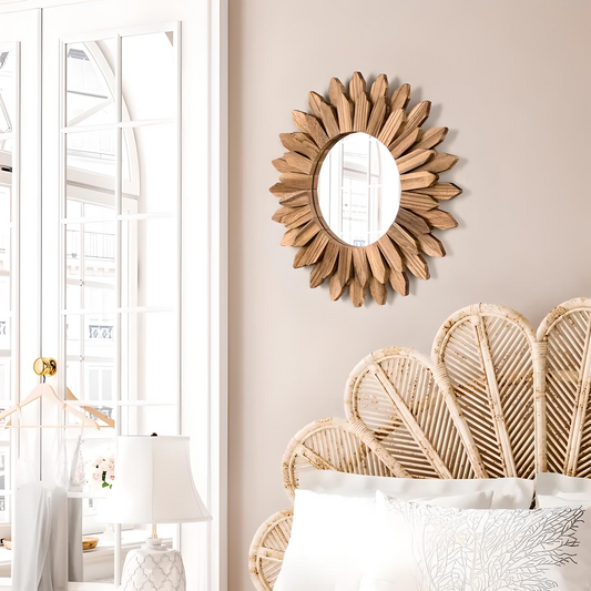 12-Inch Rustic Wooden Wall Mirror – Boho Vanity Decor