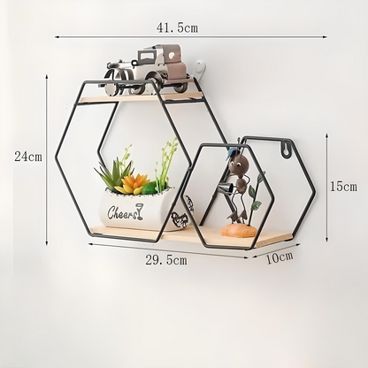 Nordic Geometric Wall Shelf – Modern Iron Frame with Wood Base