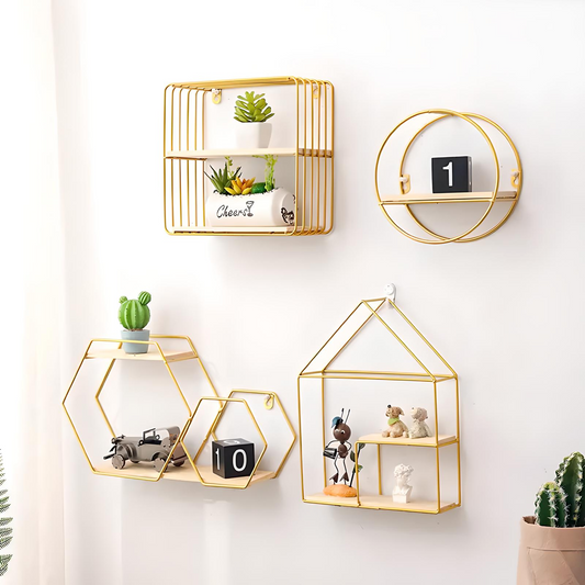Nordic Geometric Wall Shelf – Modern Iron Frame with Wood Base