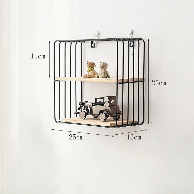 Nordic Geometric Wall Shelf – Modern Iron Frame with Wood Base